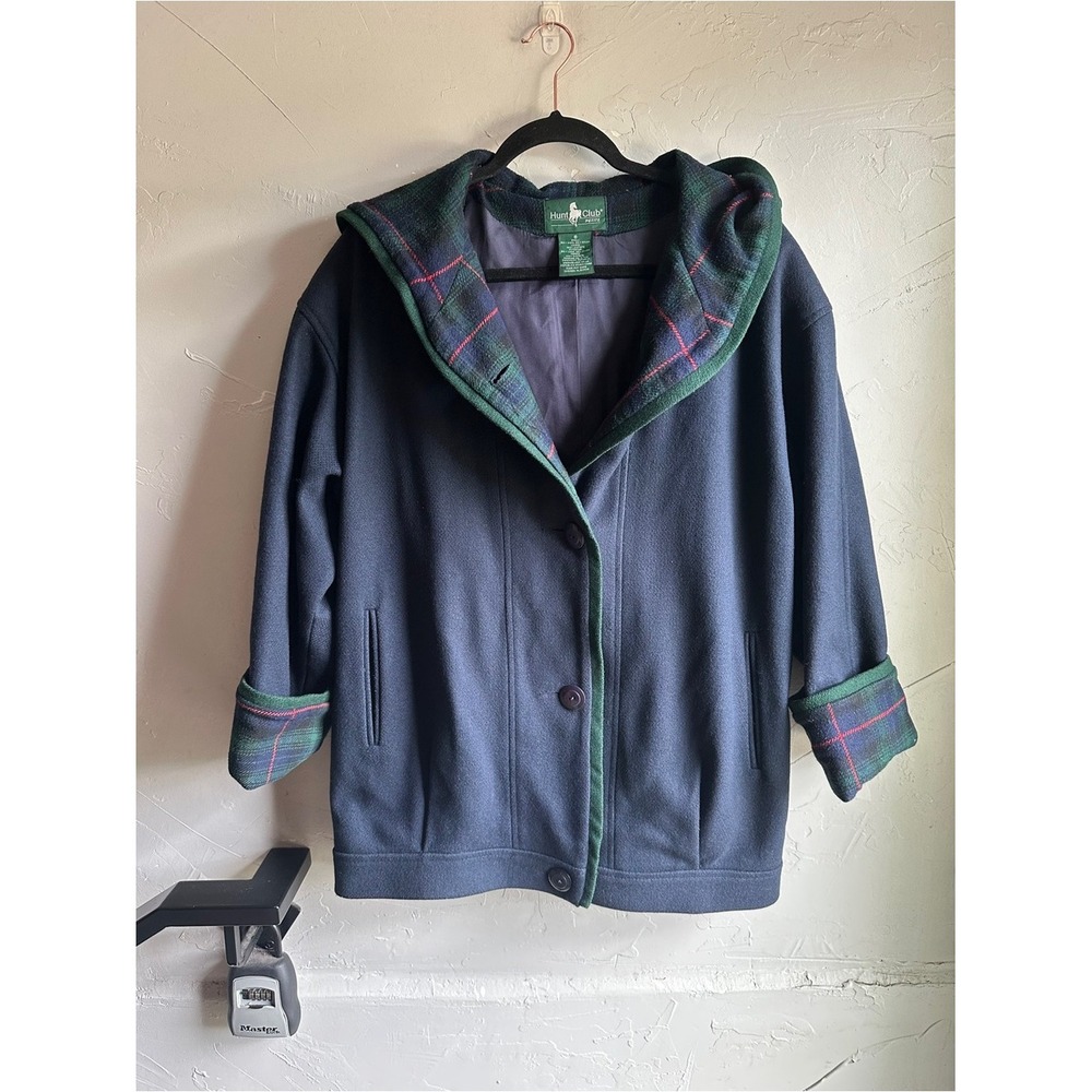 Hunt Club Wool Cocoon Coat Navy Tartan Hooded Preppy Nautical Size 8 Petite